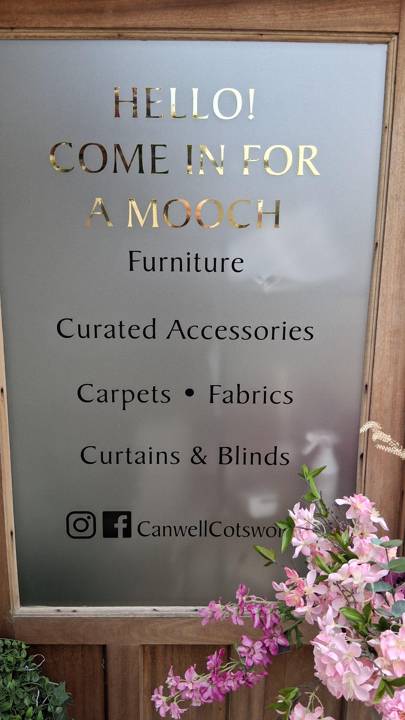 Canwell Interiors signage: furniture, accessories, carpets, fabrics, curtains and blinds