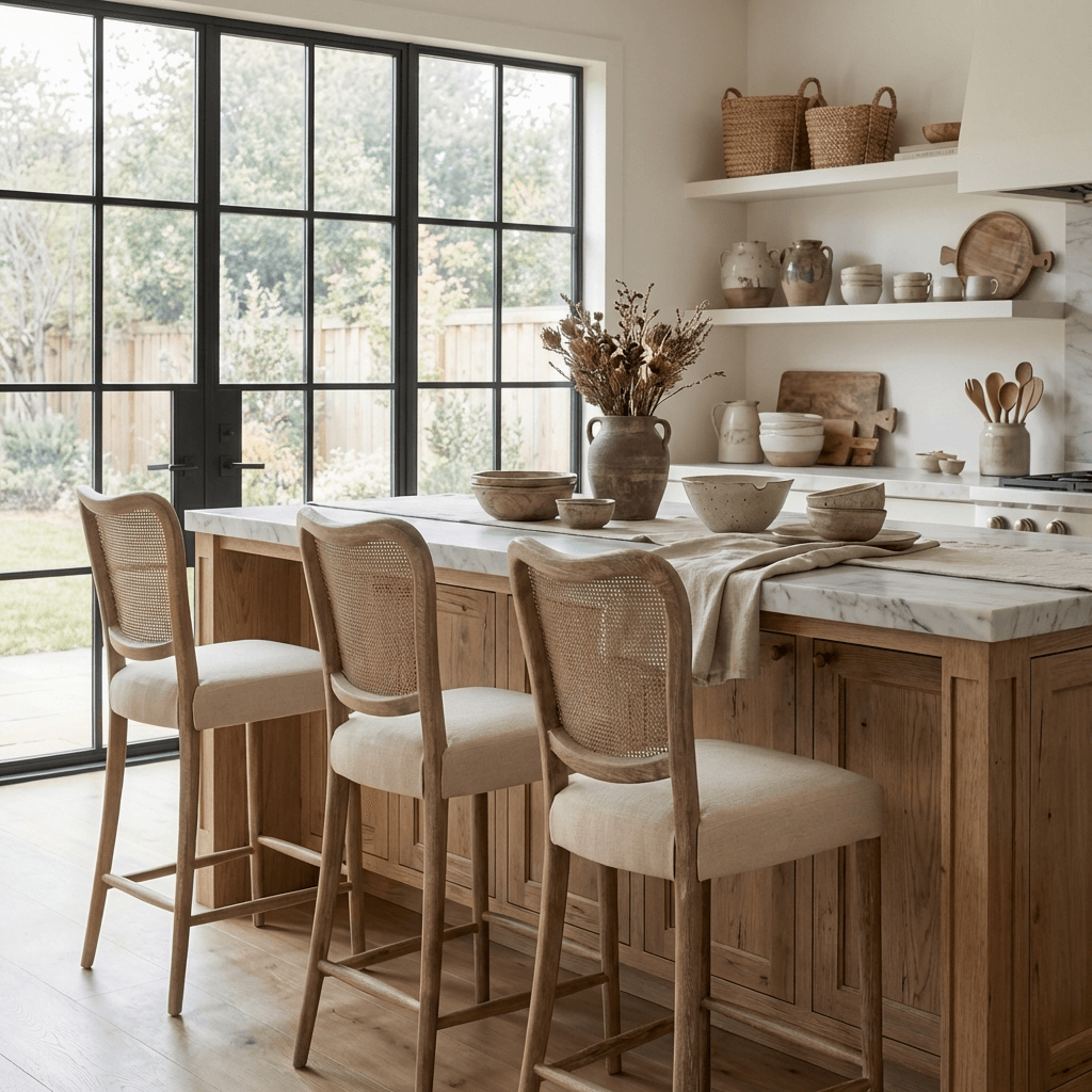 Keiichi Chadlington Rattan and Natural Linen Counter Stool, view 2