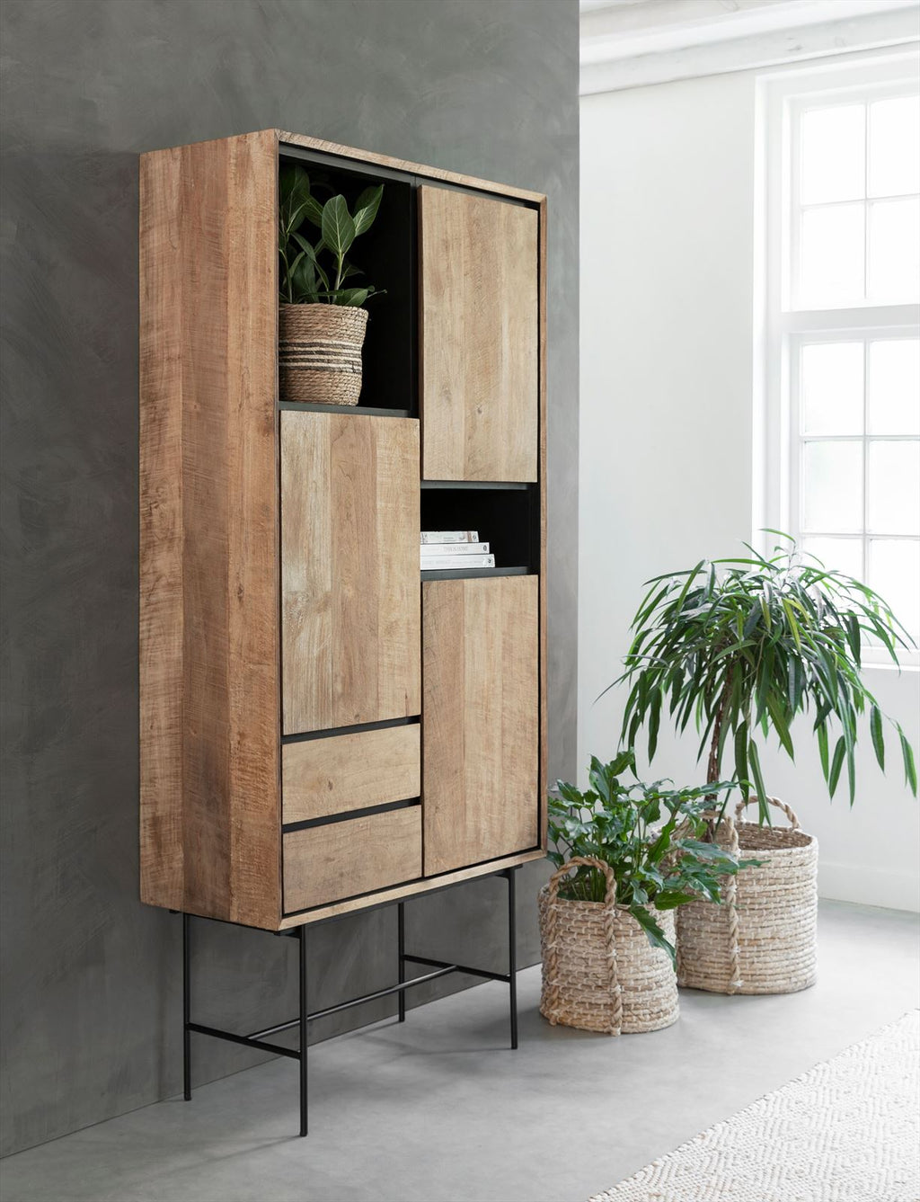 DTP Home Bookcase Metropole high, 3 doors, 2 drawers, 2 open racks in a room setting
