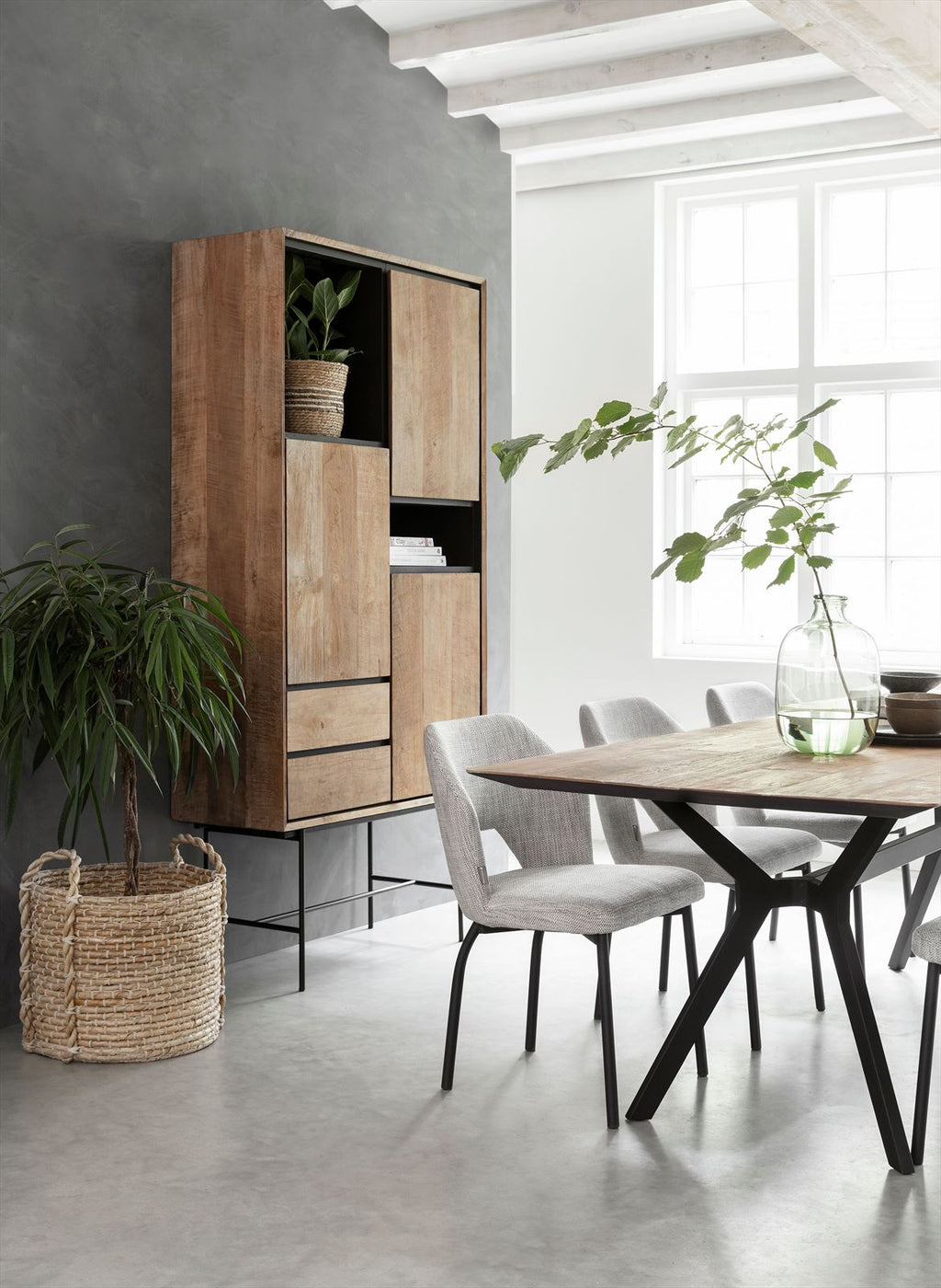 DTP Home Bookcase Metropole high, 3 doors, 2 drawers, 2 open racks in a room setting
