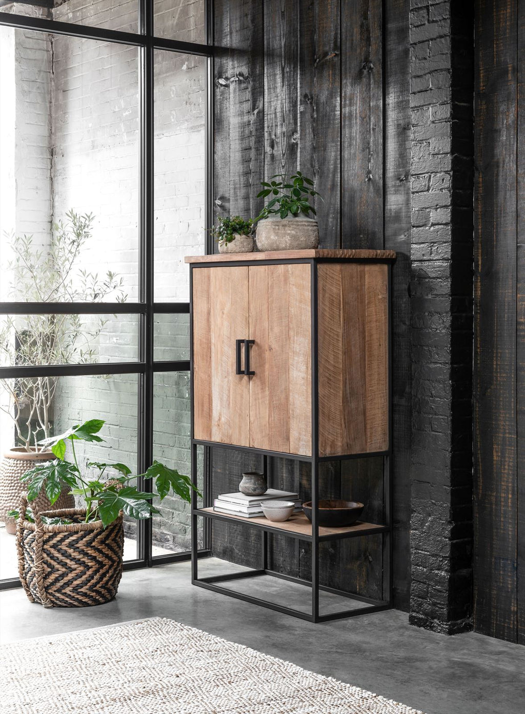 DTP Home Cabinet Beam small, 2 doors, open rack in a room setting