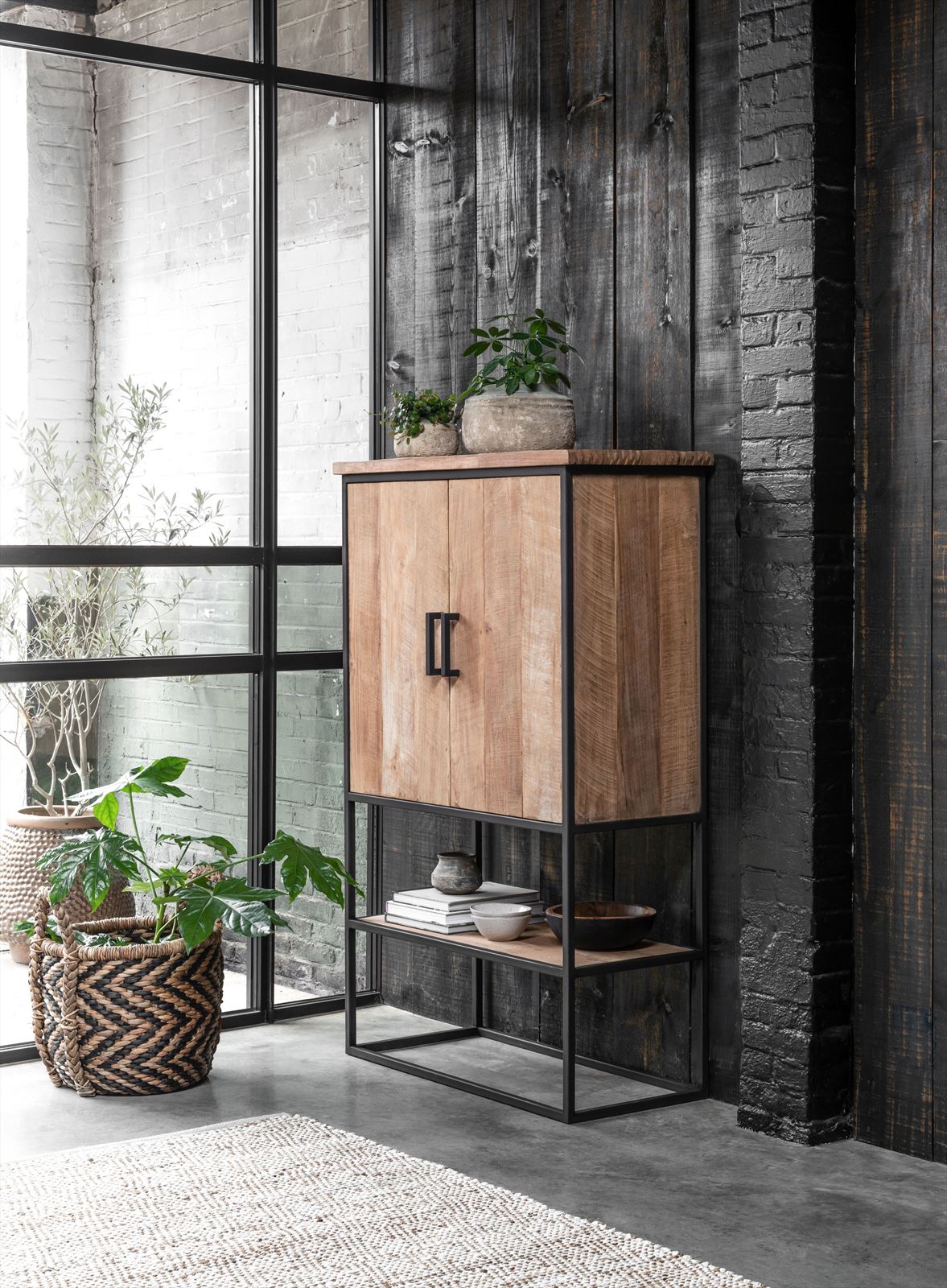 DTP Home Cabinet Beam small, 2 doors, open rack in a room setting