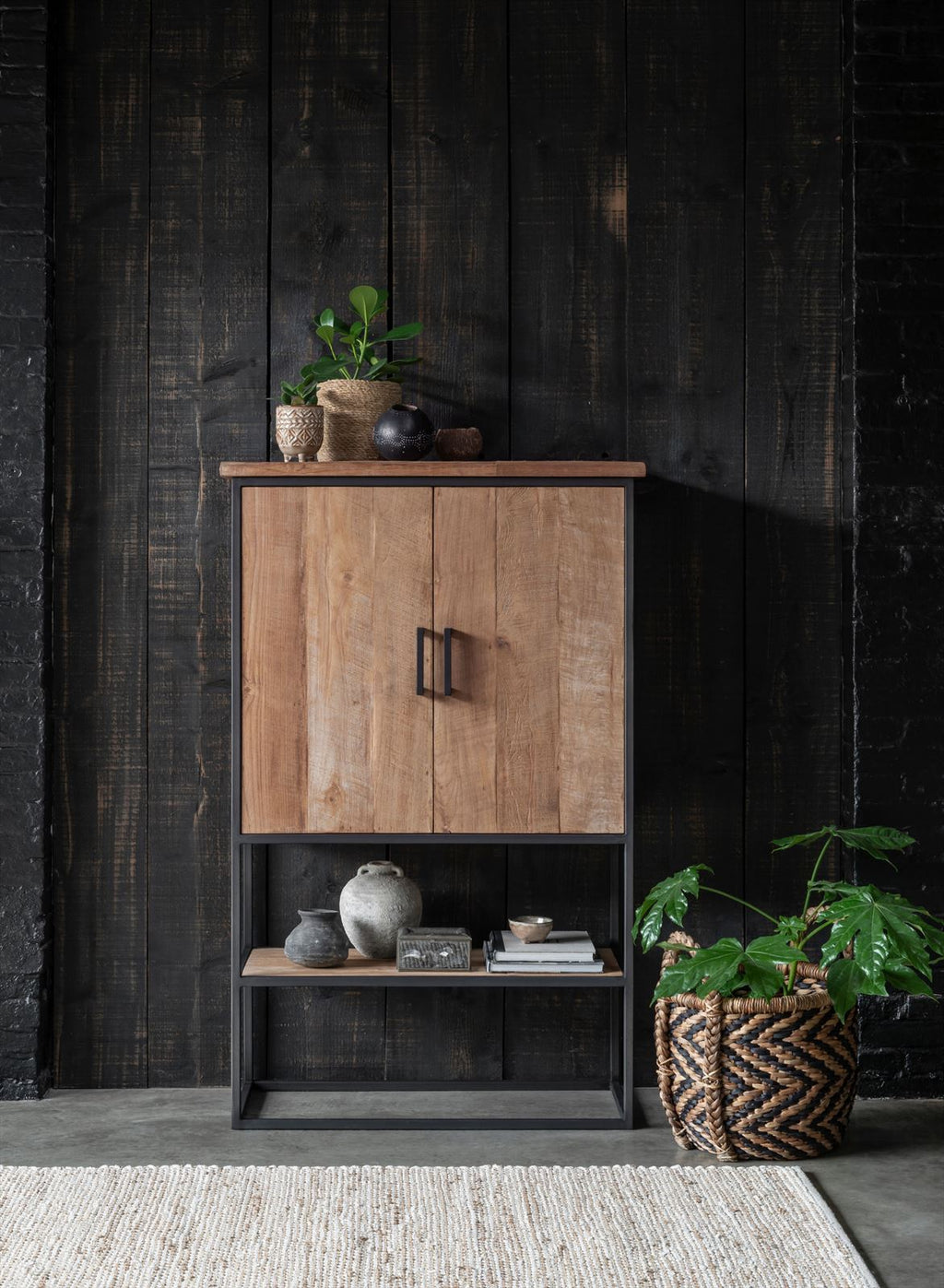 DTP Home Cabinet Beam small, 2 doors, open rack in a room setting