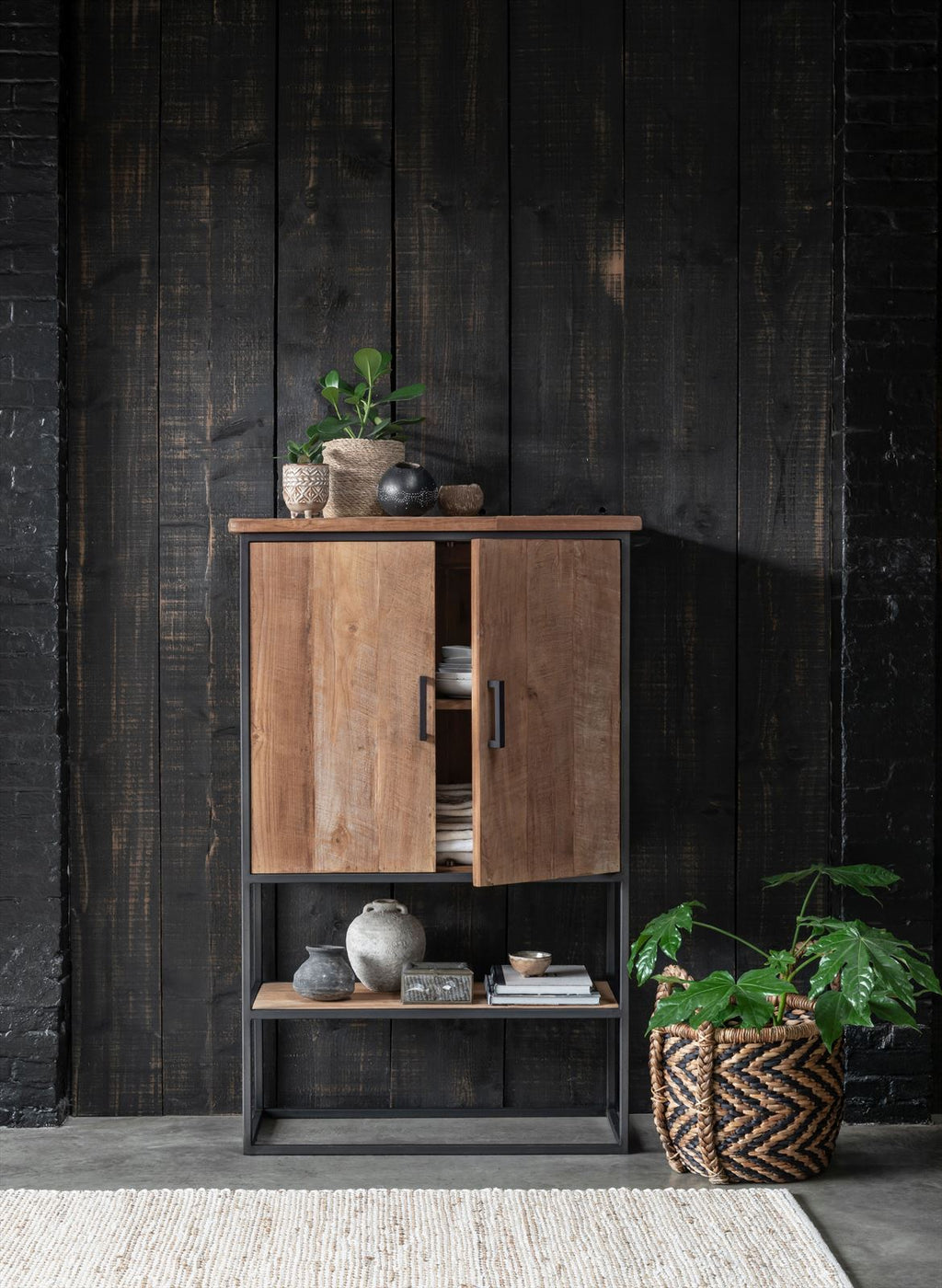 DTP Home Cabinet Beam small, 2 doors, open rack in a room setting