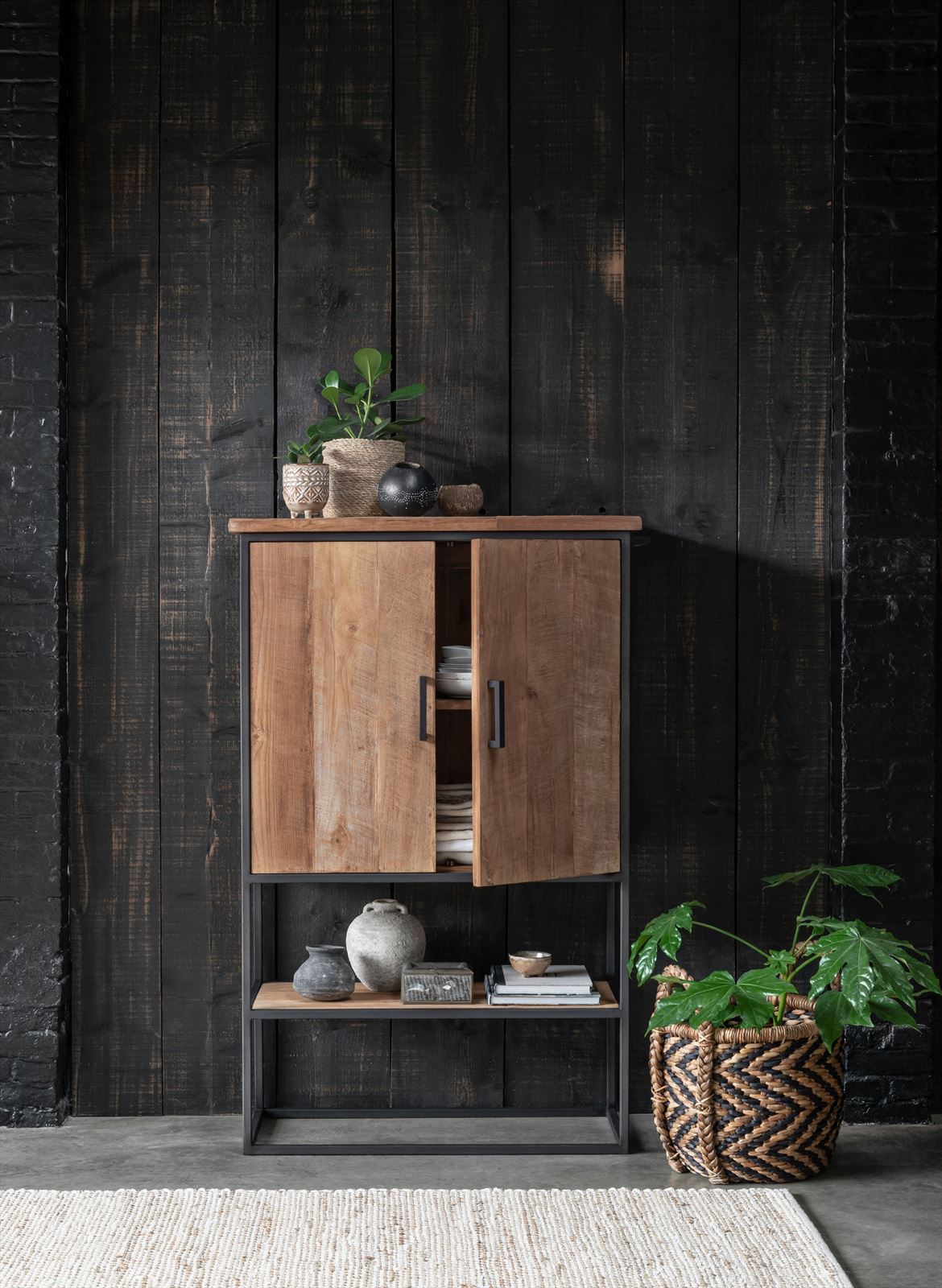 DTP Home Cabinet Beam small, 2 doors, open rack in a room setting