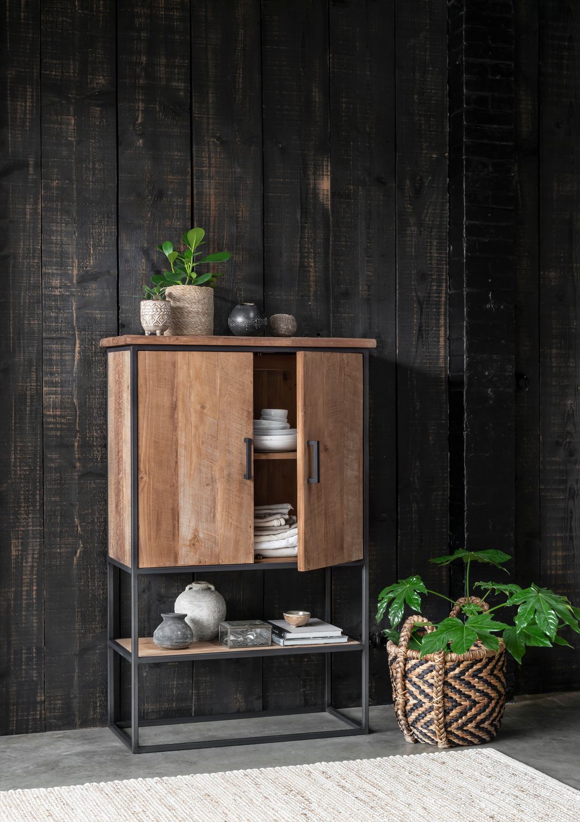 DTP Home Cabinet Beam small, 2 doors, open rack in a room setting
