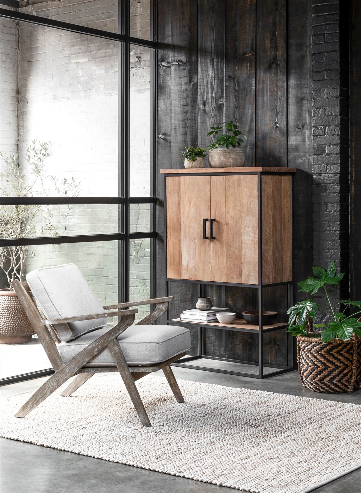 DTP Home Cabinet Beam small, 2 doors, open rack in a room setting
