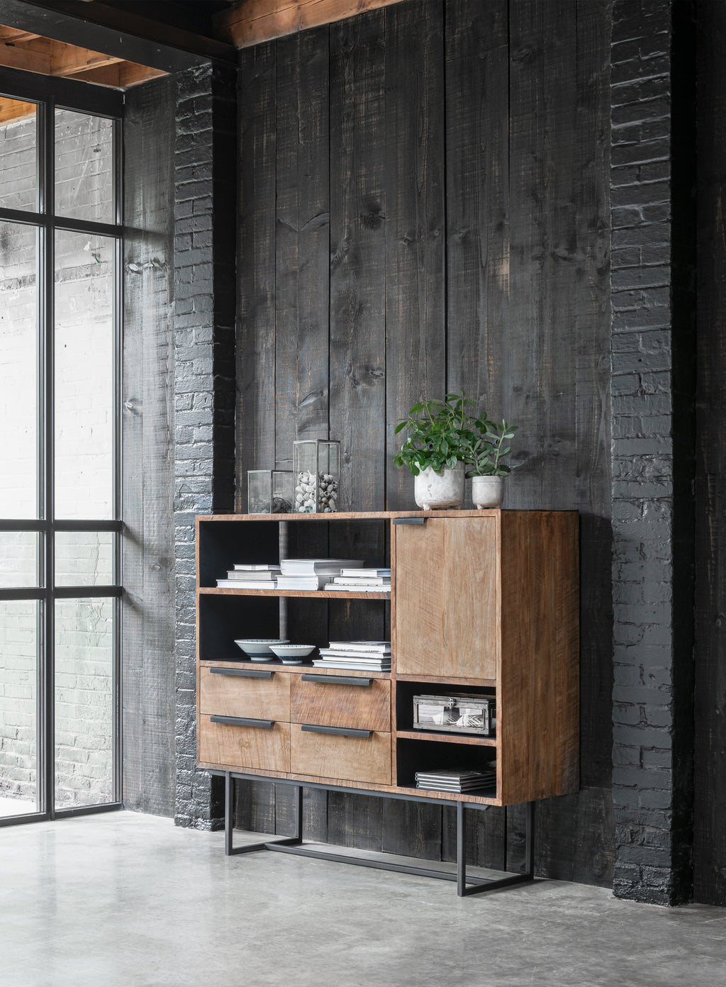 DTP Home Dresser Odeon No.3, 1 door, 4 open racks, 4 drawers in a room setting