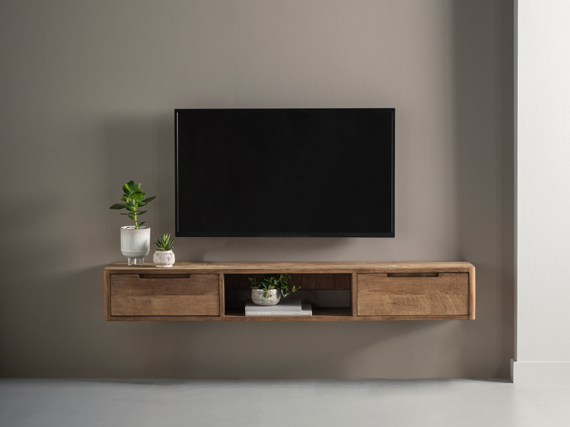 DTP Home Hanging TV stand Bliss No.1 small, 2 drawers, open rack in a room setting