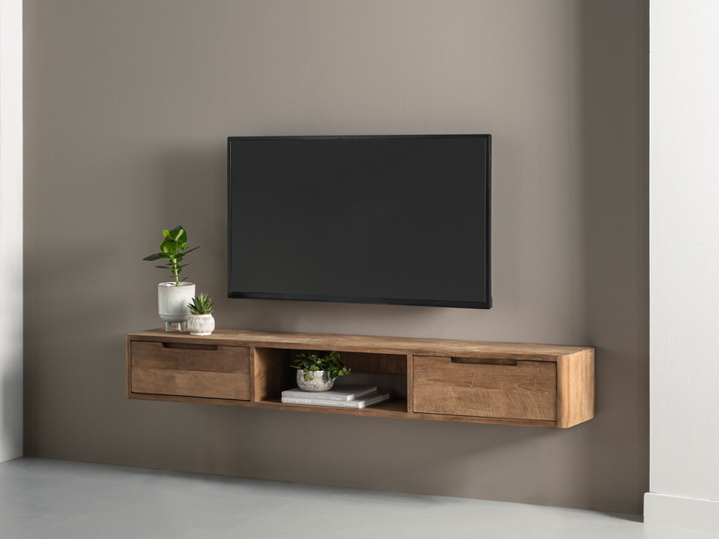 DTP Home Hanging TV stand Bliss No.1 small, 2 drawers, open rack in a room setting