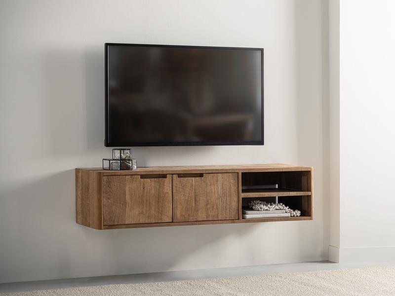 DTP Home Hanging TV stand Bliss No.2 small, 2 doors, 2 open racks in a room setting