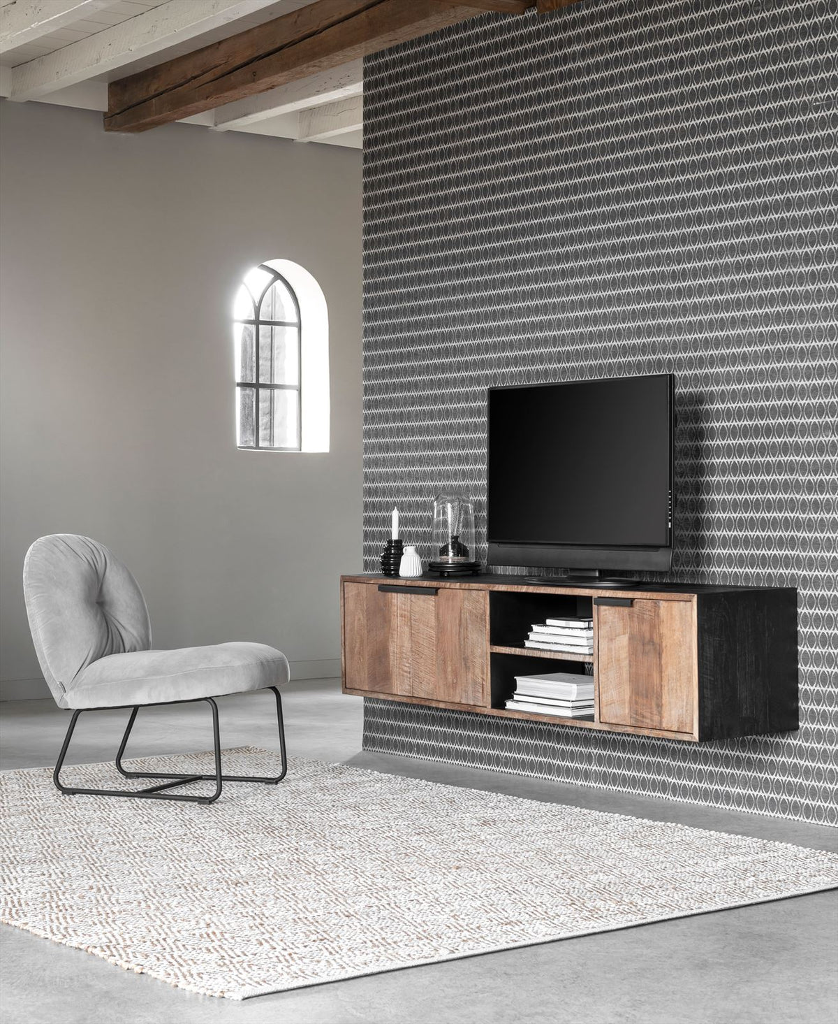 DTP Home Hanging TV stand Cosmo No.1 medium, 3 doors, 2 open racks in a room setting