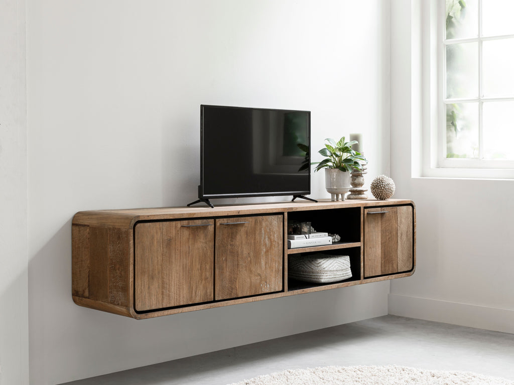 DTP Home Hanging TV stand Evo medium, 3 doors, 2 open racks in a room setting
