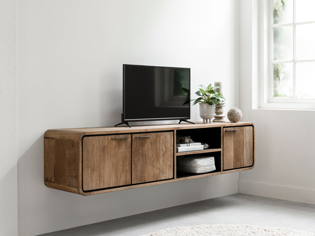 DTP Home Hanging TV stand Evo medium, 3 doors, 2 open racks in a room setting
