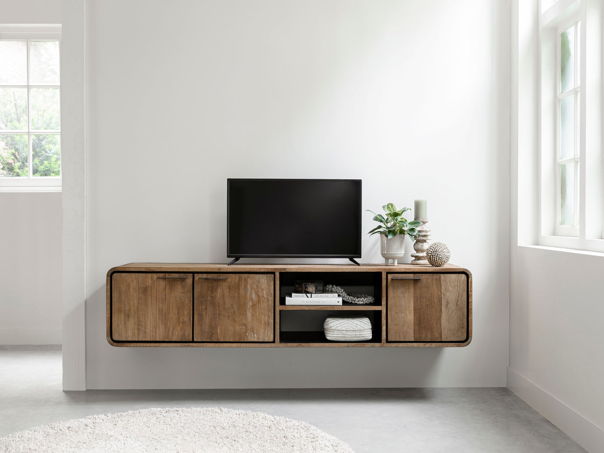 DTP Home Hanging TV stand Evo medium, 3 doors, 2 open racks in a room setting