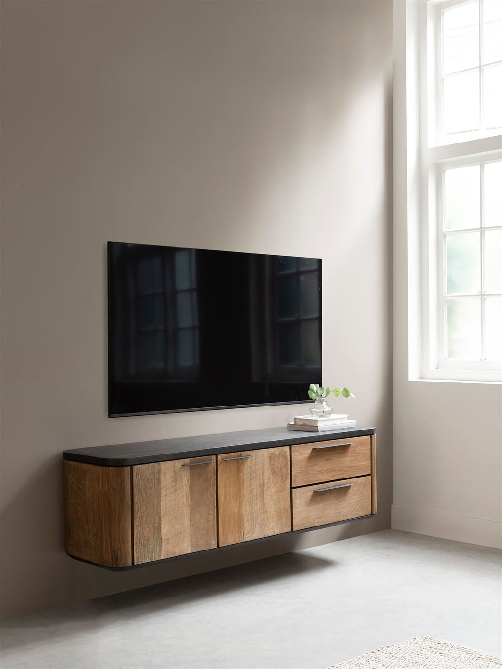 DTP Home Hanging TV stand Soho small, 2 doors, 2 drawers in a room setting