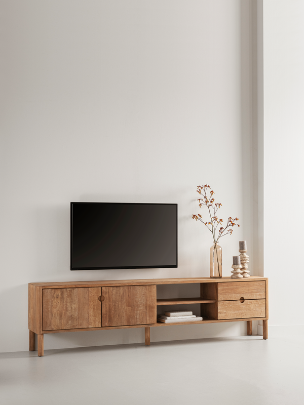 DTP Home TV stand Apollo No.2 large, 2 doors, 2 open racks, 2 drawers in a room setting