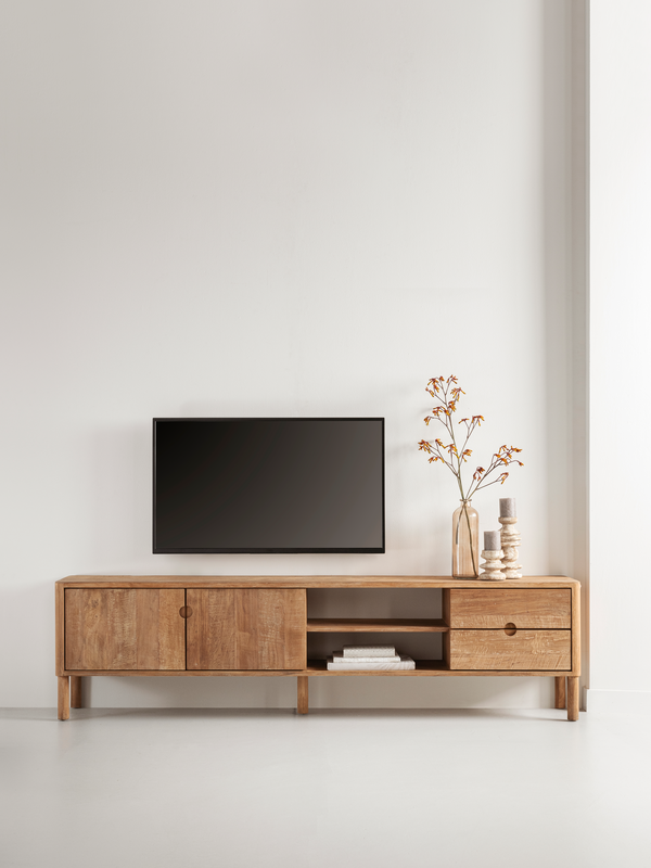 DTP Home TV stand Apollo No.2 large, 2 doors, 2 open racks, 2 drawers in a room setting