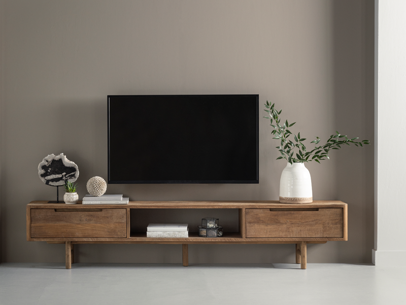 DTP Home TV stand Bliss No.1 large, 2 drawers, open rack in a room setting