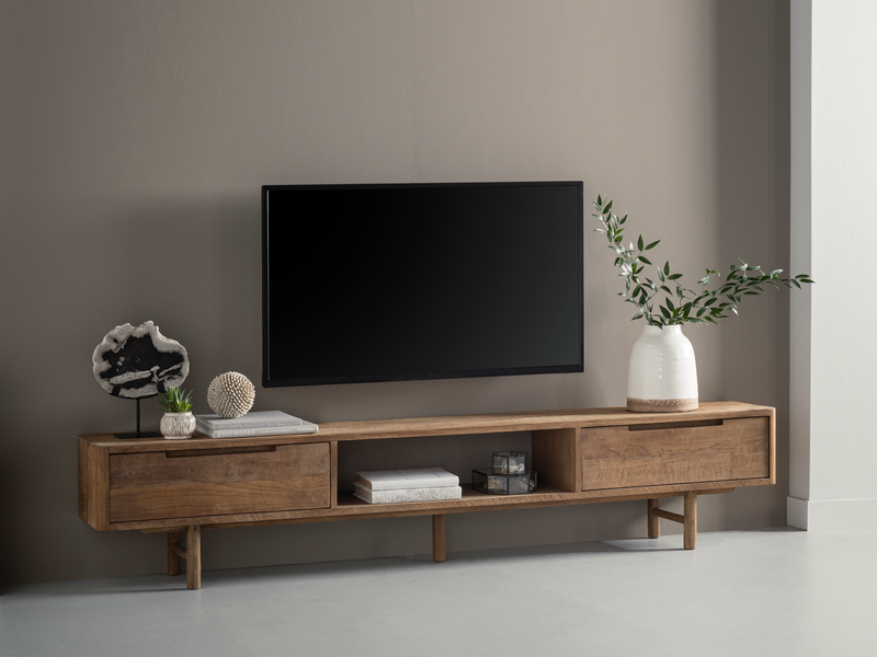DTP Home TV stand Bliss No.1 large, 2 drawers, open rack in a room setting