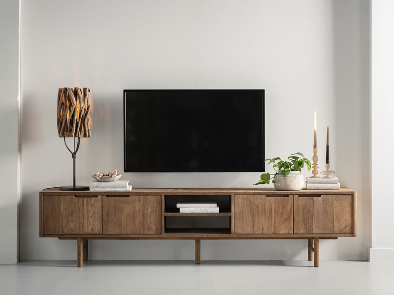 DTP Home TV stand Bliss No.2 large, 4 doors, 2 open racks in a room setting