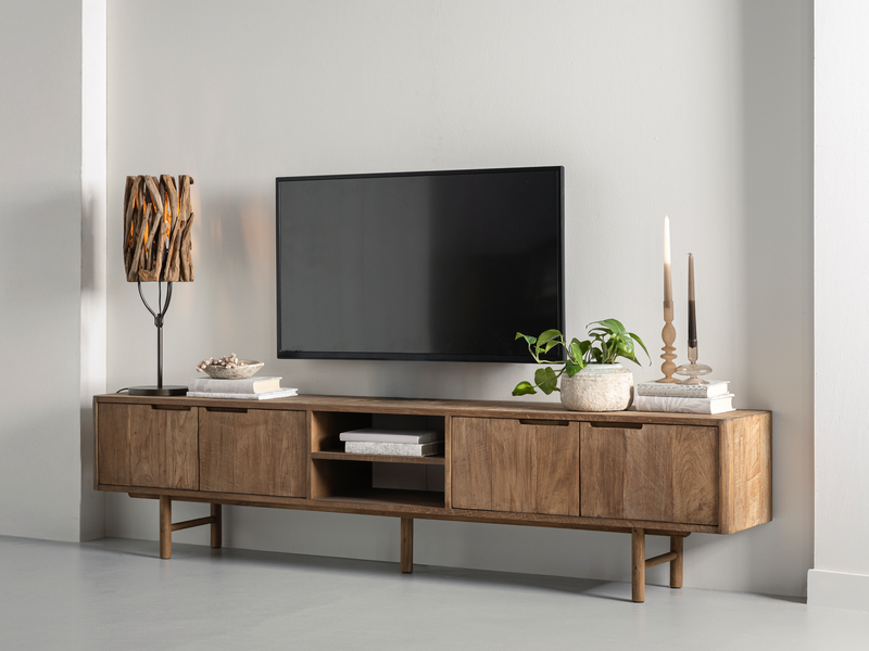 DTP Home TV stand Bliss No.2 large, 4 doors, 2 open racks in a room setting