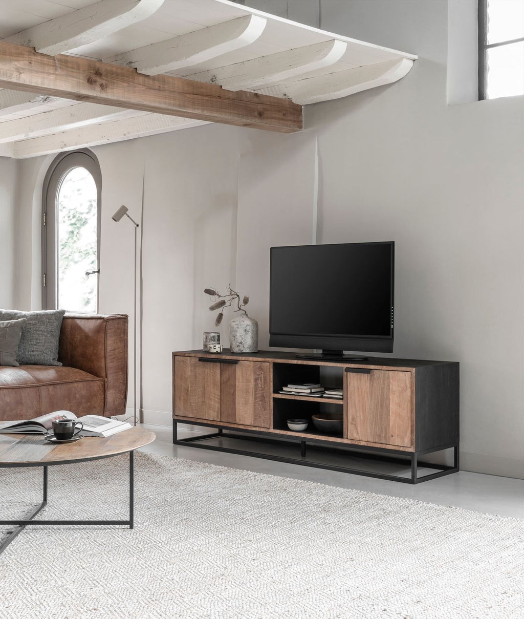 DTP Home TV stand Cosmo No.2 medium, 3 doors, 2 open racks in a room setting