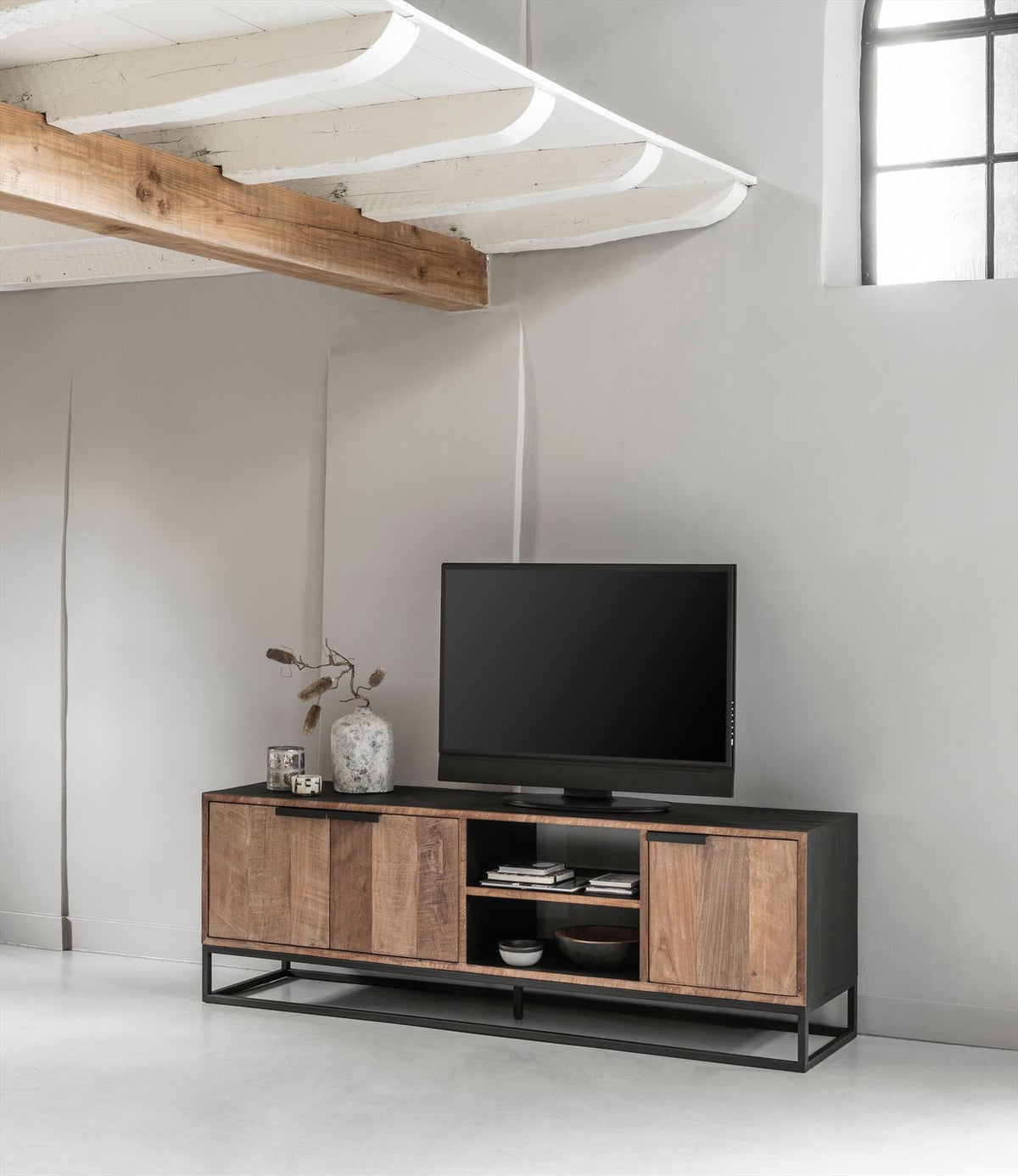 DTP Home TV stand Cosmo No.2 medium, 3 doors, 2 open racks in a room setting