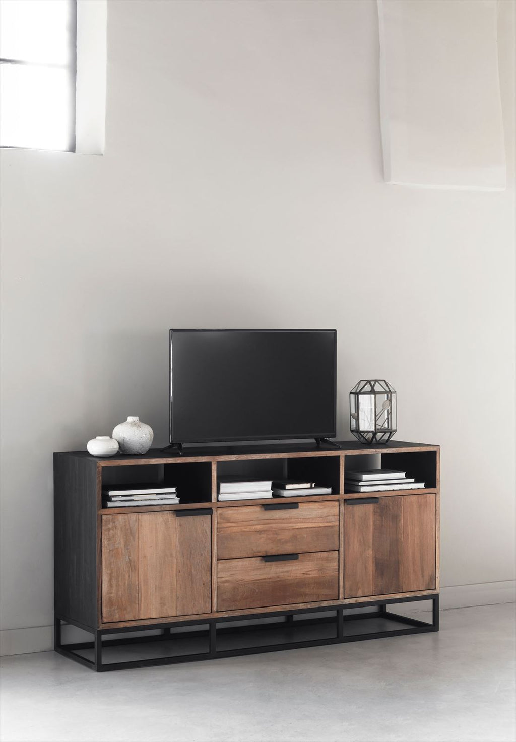 DTP Home TV stand Cosmo No.3 high ,2 doors, 2 drawers, 3 open racks in a room setting