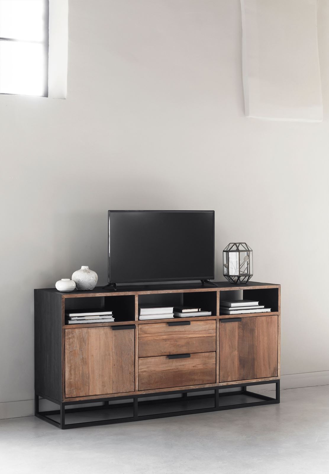 DTP Home TV stand Cosmo No.3 high ,2 doors, 2 drawers, 3 open racks in a room setting