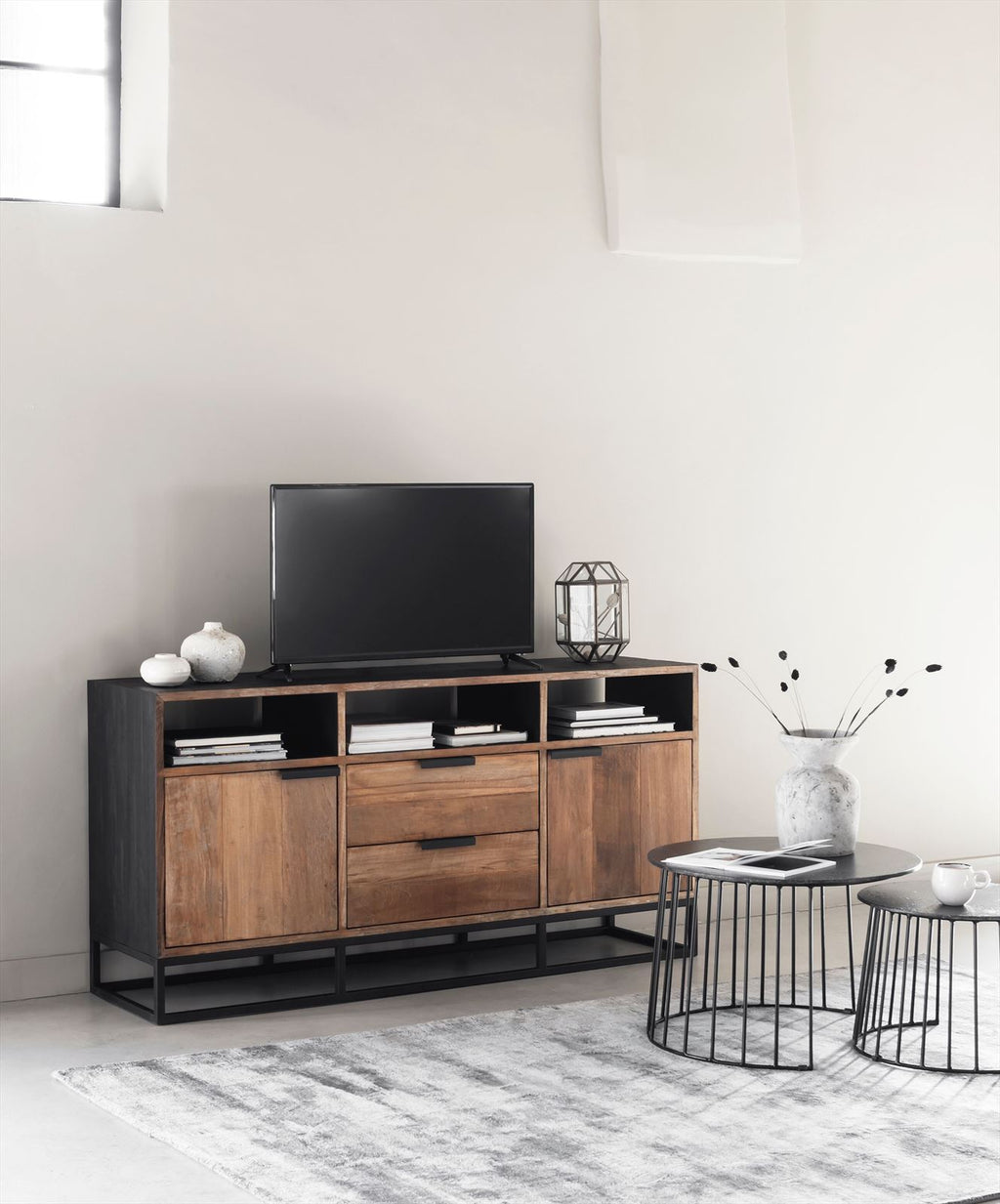 DTP Home TV stand Cosmo No.3 high ,2 doors, 2 drawers, 3 open racks in a room setting