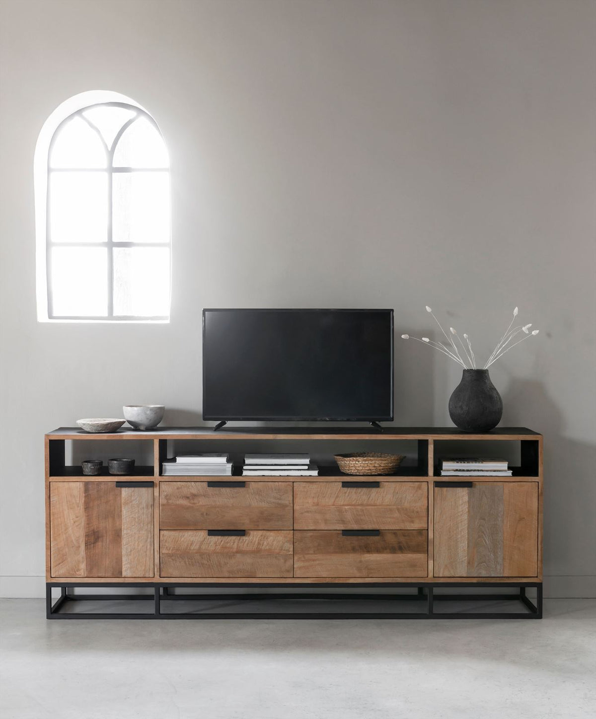 DTP Home TV stand Cosmo No.3 high, 2 doors, 4 drawers, 3 open racks in a room setting