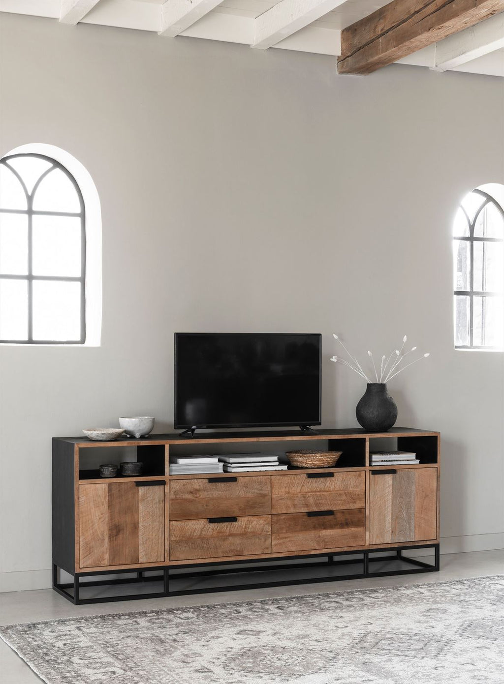 DTP Home TV stand Cosmo No.3 high, 2 doors, 4 drawers, 3 open racks in a room setting