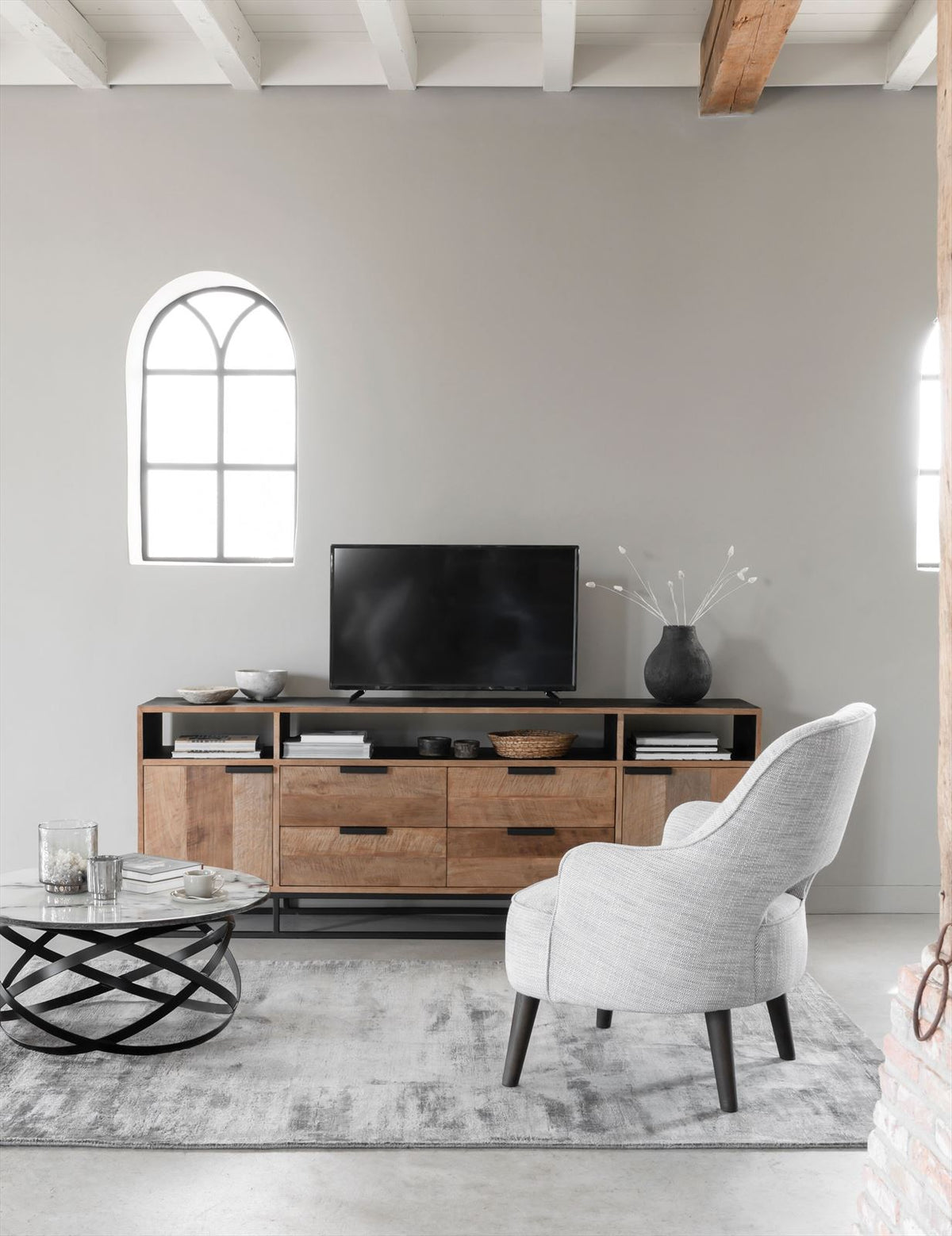 DTP Home TV stand Cosmo No.3 high, 2 doors, 4 drawers, 3 open racks in a room setting