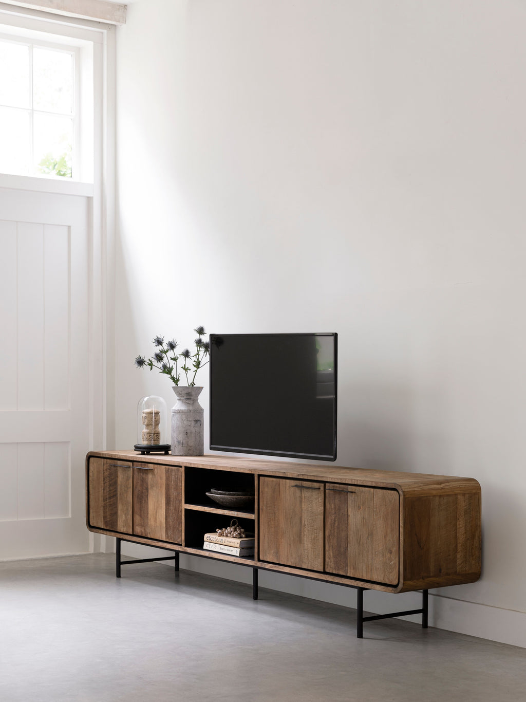 DTP Home TV stand Evo large, 4 doors, 2 open racks in a room setting