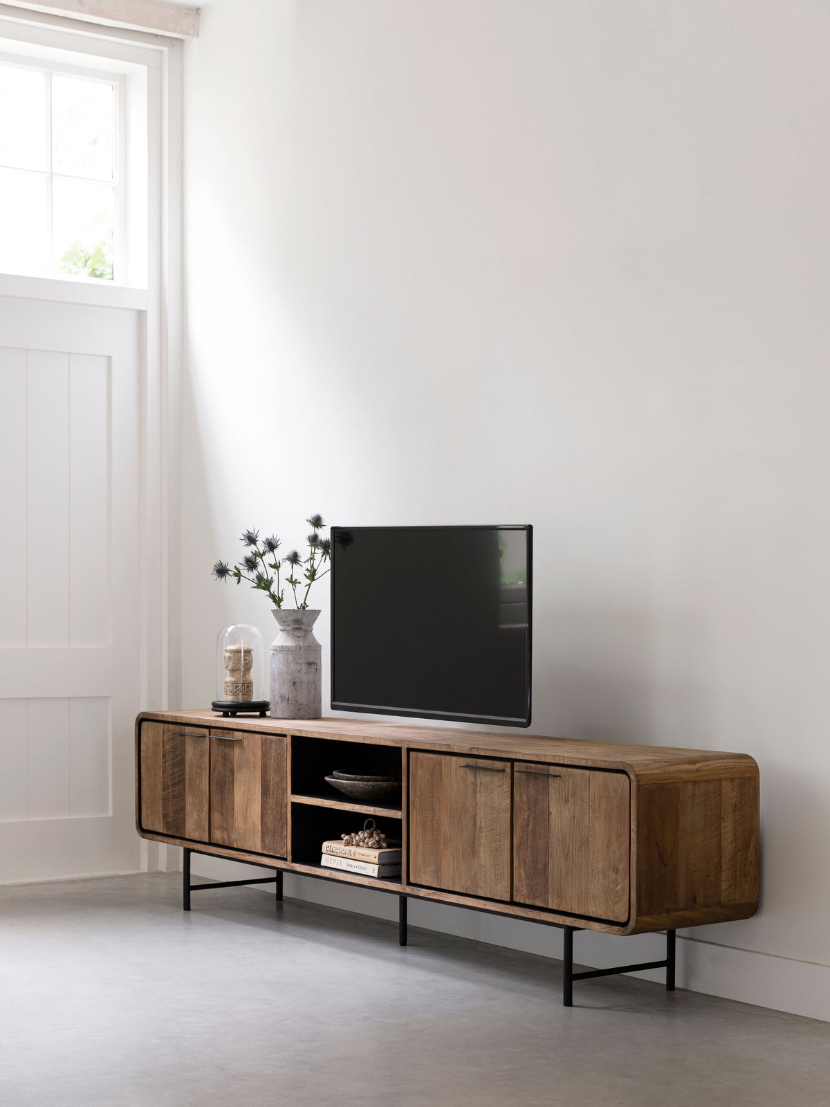 DTP Home TV stand Evo large, 4 doors, 2 open racks in a room setting