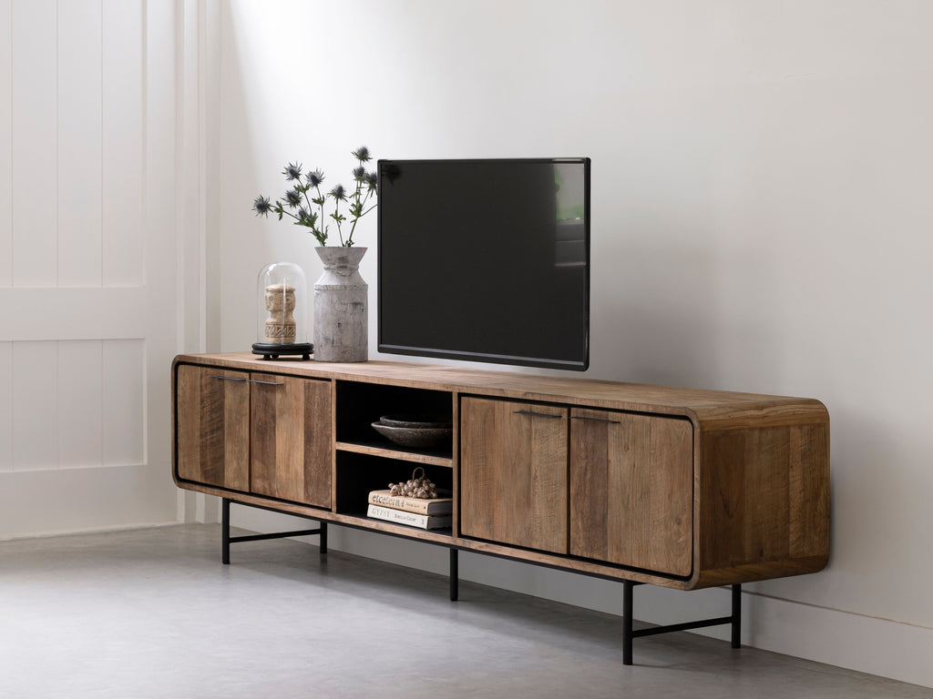 DTP Home TV stand Evo large, 4 doors, 2 open racks in a room setting