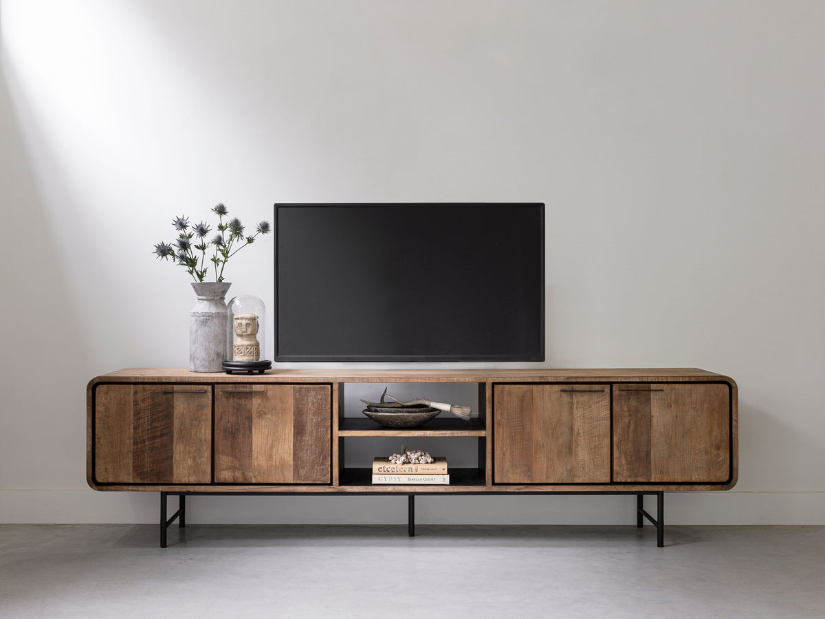 DTP Home TV stand Evo large, 4 doors, 2 open racks in a room setting