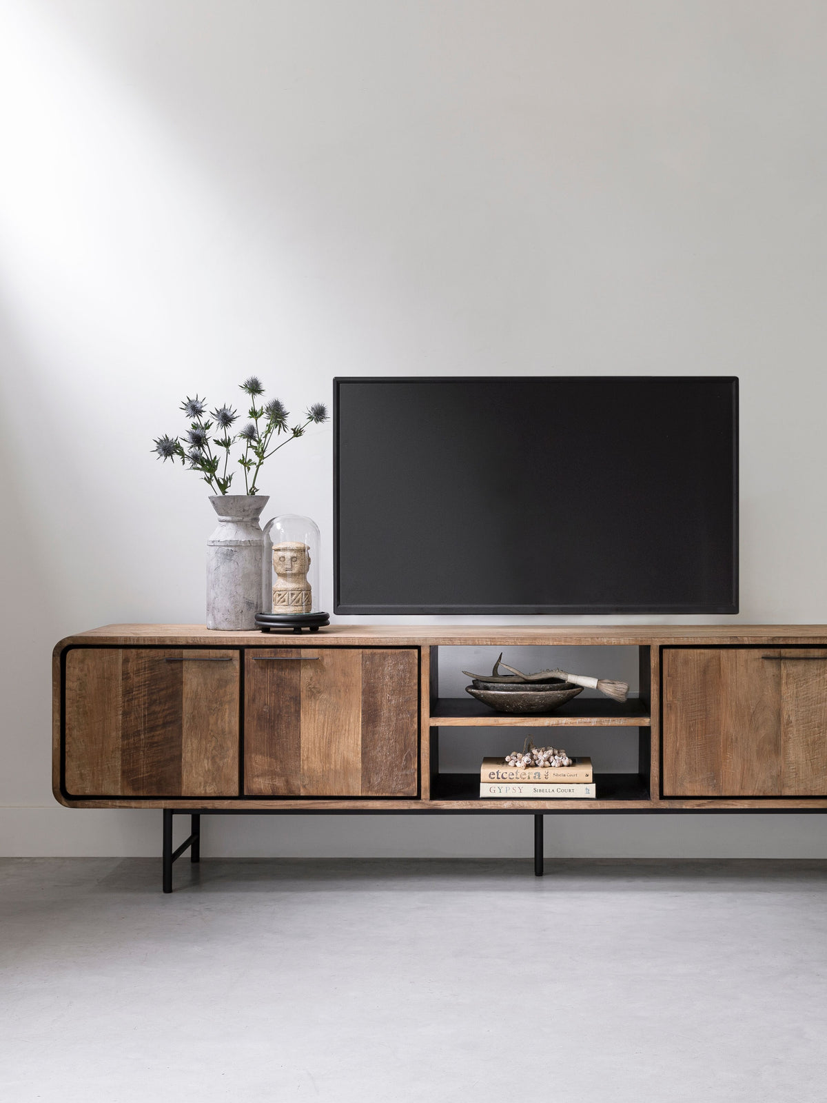 DTP Home TV stand Evo large, 4 doors, 2 open racks in a room setting