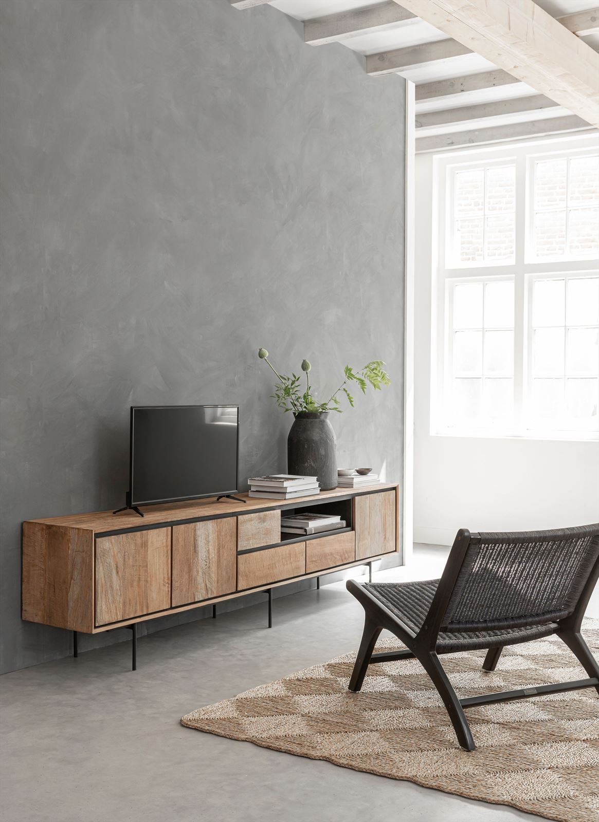 DTP Home TV stand Metropole extra large, 3 doors, 3 drawers, open rack in a room setting