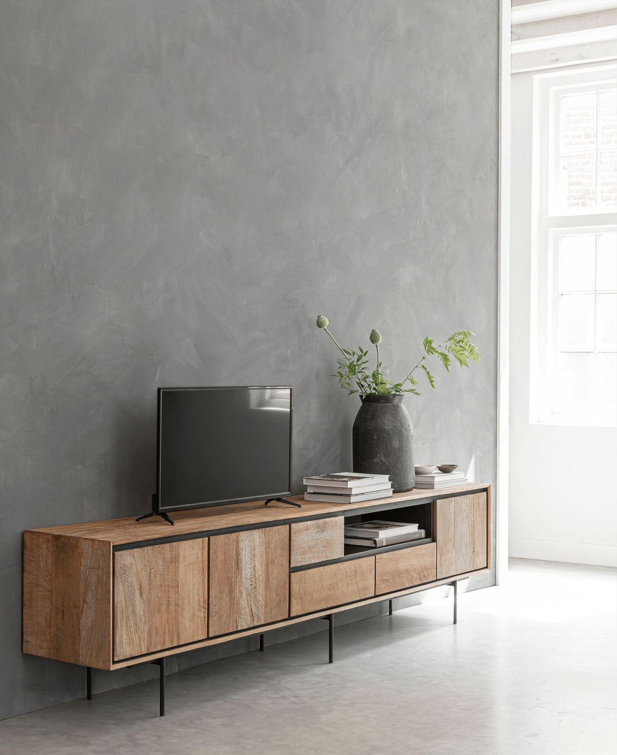 DTP Home TV stand Metropole extra large, 3 doors, 3 drawers, open rack in a room setting