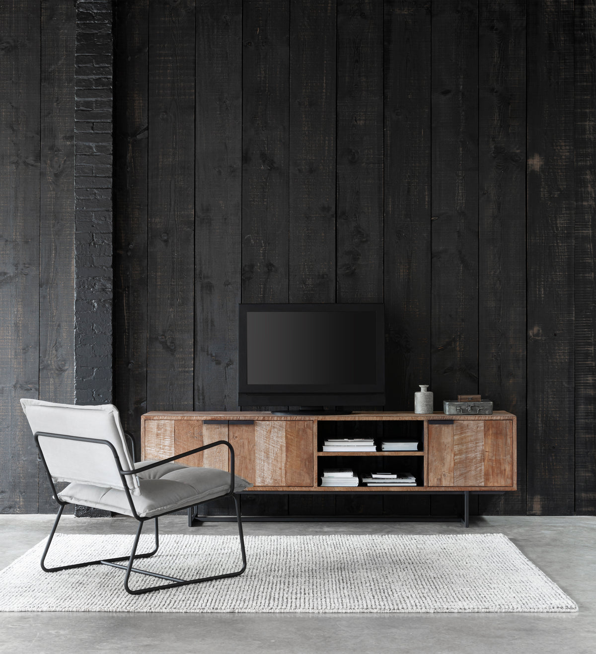 DTP Home TV stand Odeon No.2, 3 doors, 2 open racks in a room setting