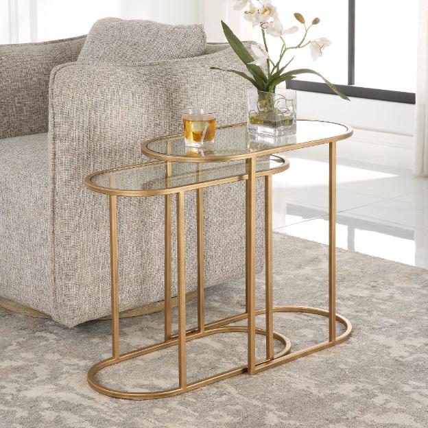 Keiichi Slide Nesting Side Tables Brass & Glass, view 2