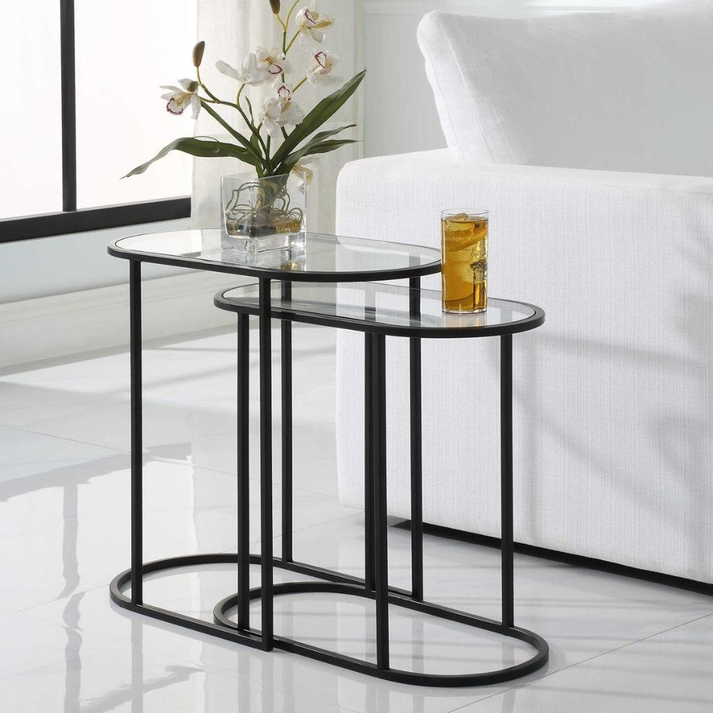 Keiichi Slide Nesting Side Tables Black and Glass, view 2